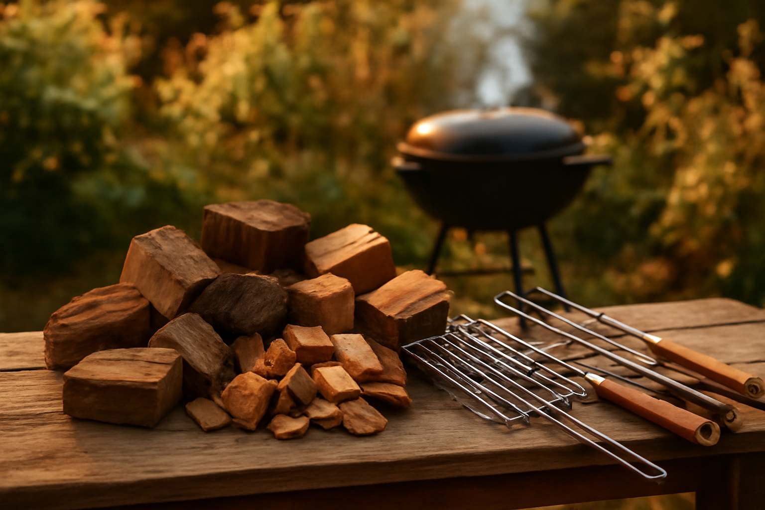 Morceaux de bois de fumage de différentes essences posés près d'un fumoir en fonctionnement.