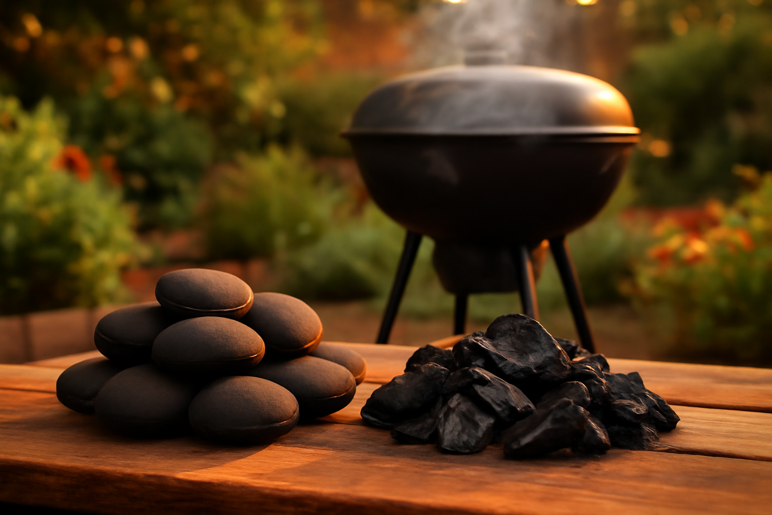 Briquettes et morceaux de charbon de bois côte à côte devant un barbecue en cours d’allumage.