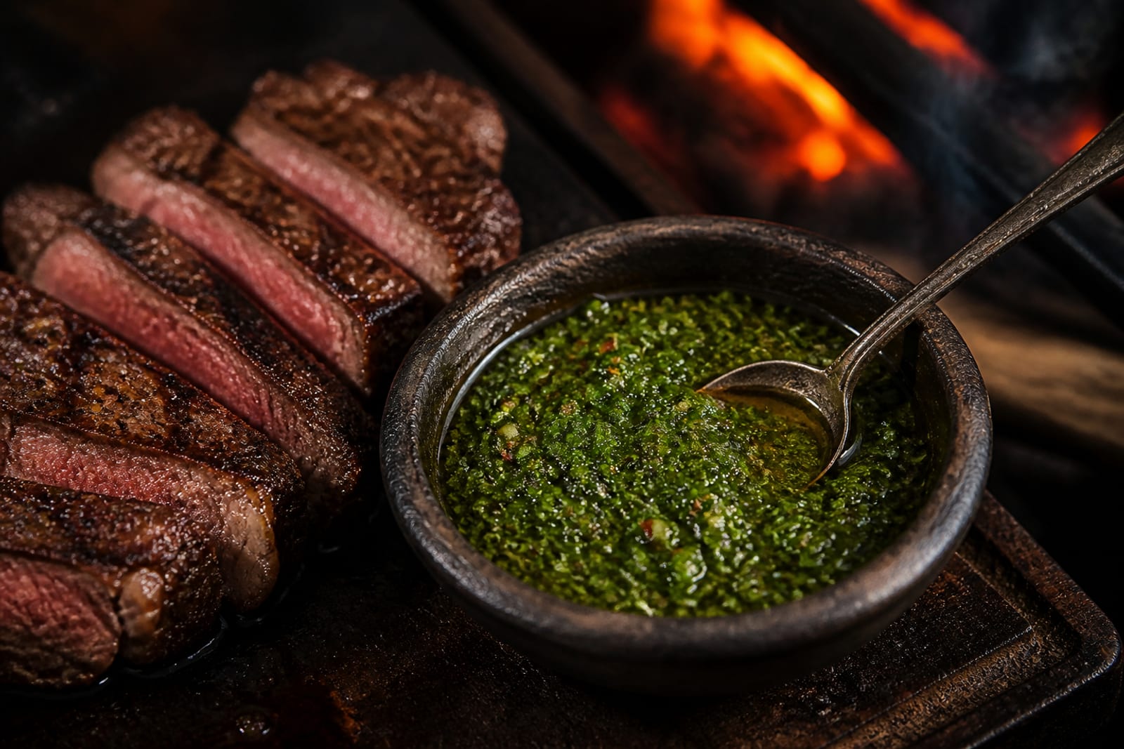 Bol de chimichurri vert vif au persil et à l'ail, cuillère en bois, à côté d'une pièce de bœuf grillée sur une planche