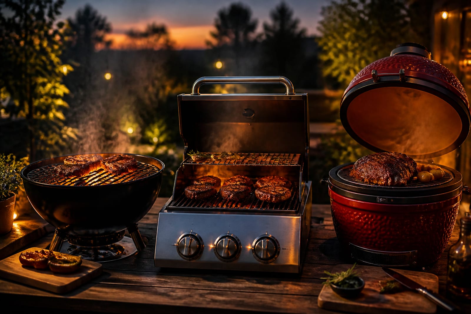 Un barbecue kettle à charbon, un barbecue à gaz et un kamado en céramique alignés côte à côte sur une terrasse au crépuscule