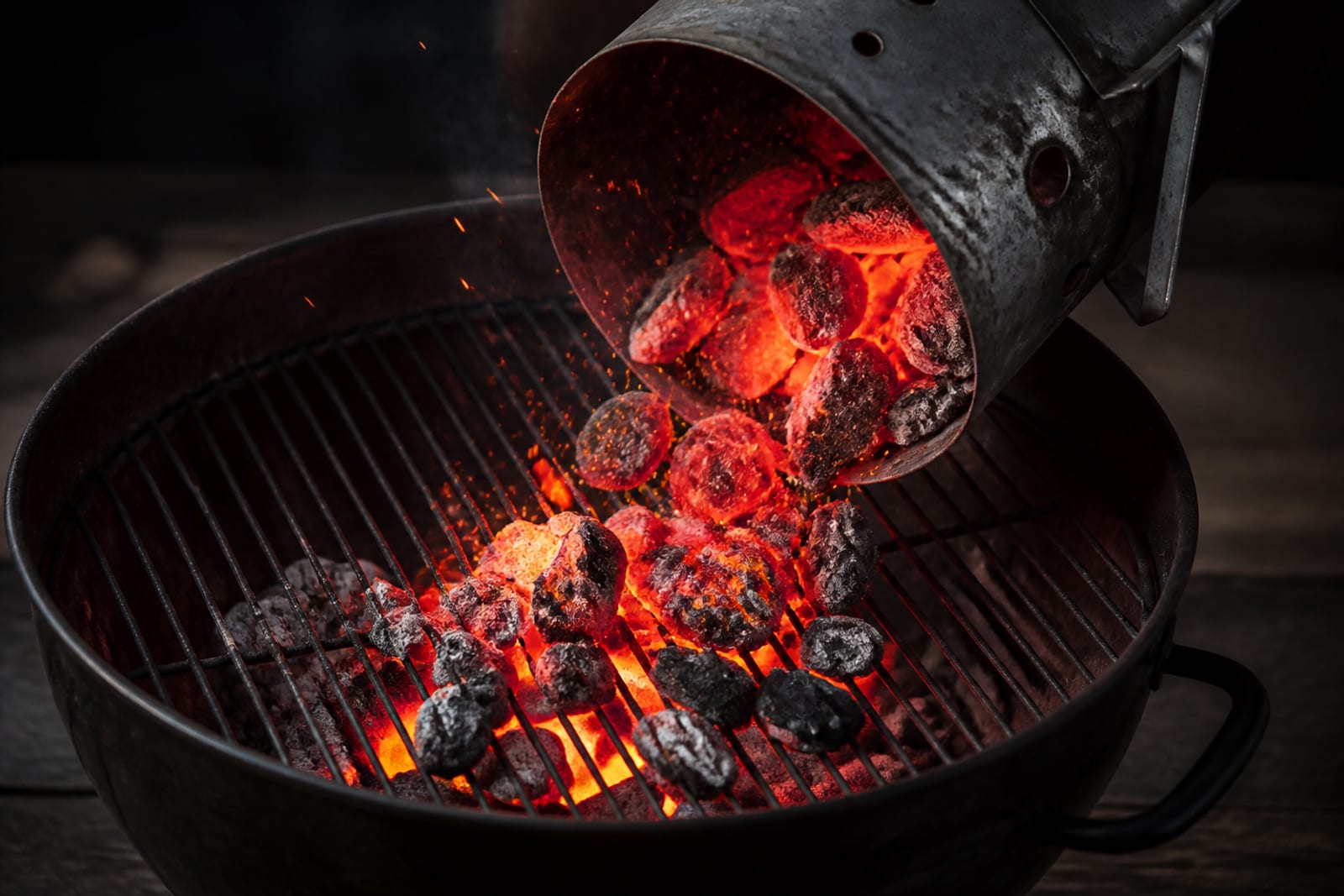 Cheminée d'allumage remplie de charbon incandescent versée sur la grille foyère d'un barbecue, braises rougeoyantes