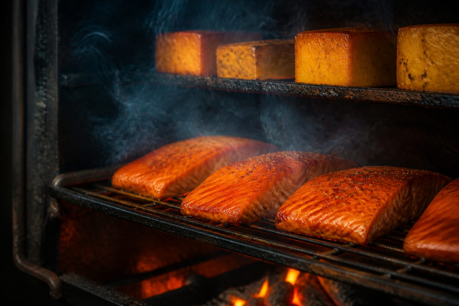 Filets de saumon et poitrine de porc dans un fumoir, fine fumée en suspension