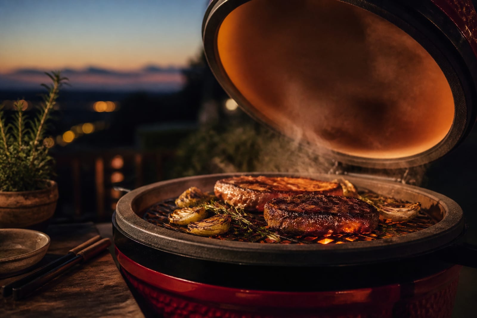 Kamado en céramique couvercle ouvert, braises rougeoyantes au fond du foyer
