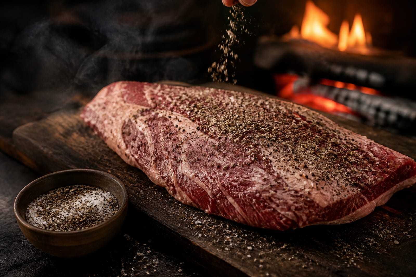 Mélange d'épices à sec pour rub dans un bol, gros sel et poivre concassé, saupoudré sur une pièce de viande crue sur fond sombre