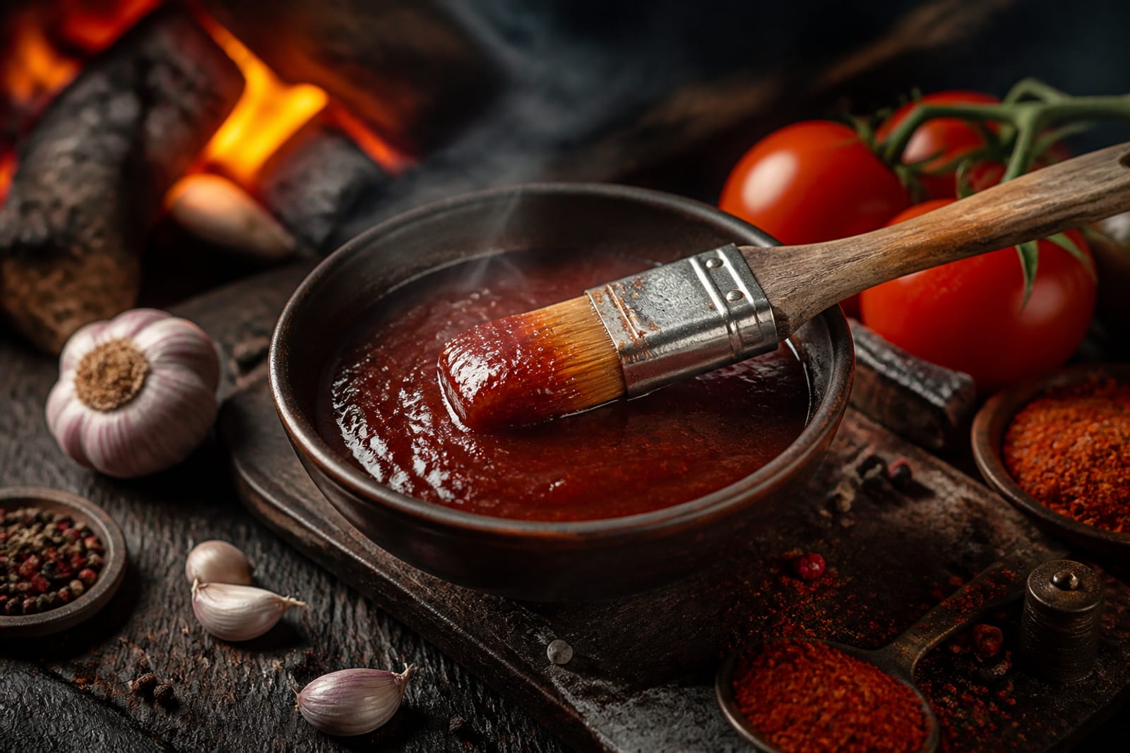 Bol de sauce barbecue maison épaisse et brillante avec un pinceau, entouré d'épices et de tomates sur un plan de travail sombre
