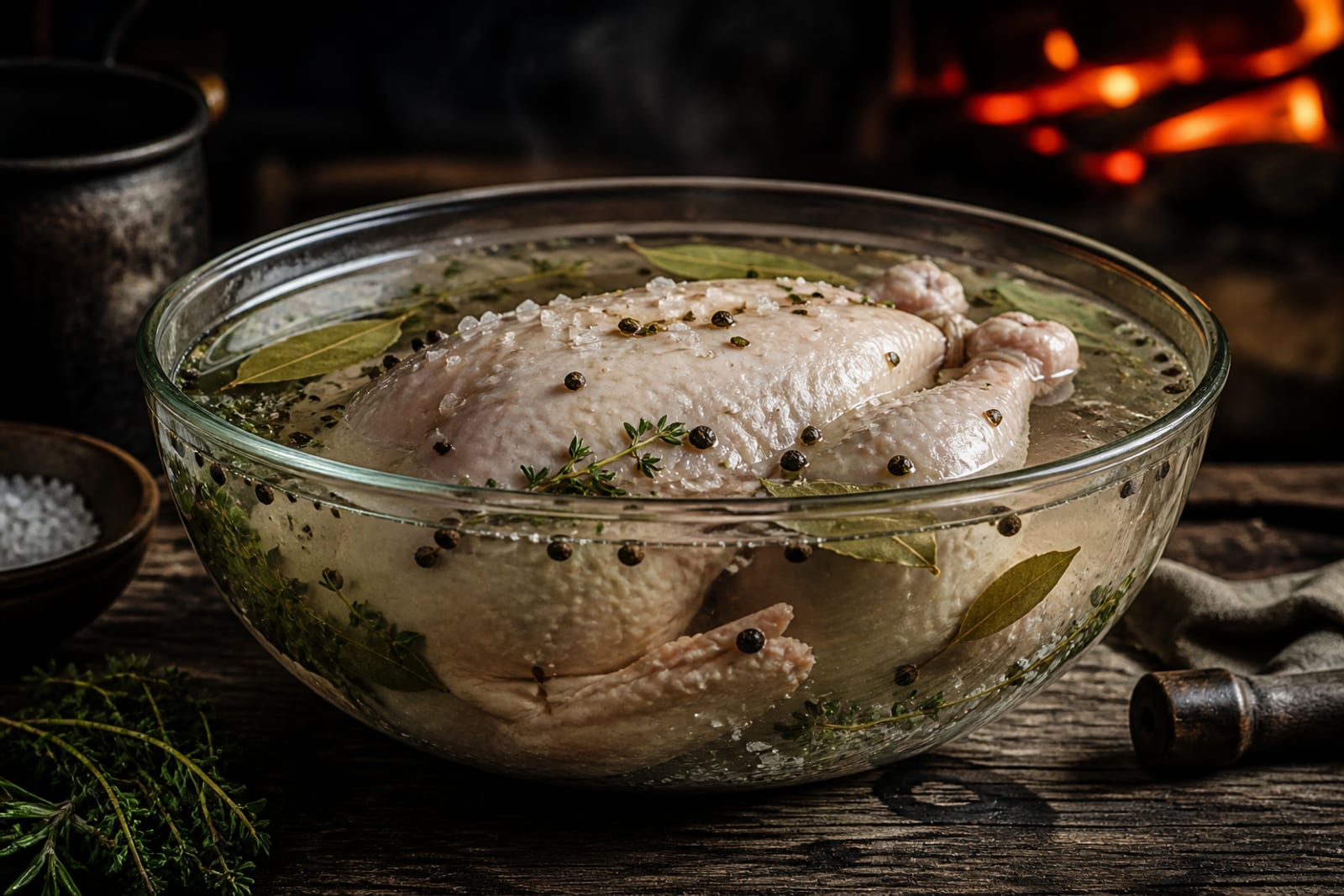 Poitrine de volaille immergée dans une saumure avec sel, herbes et grains de poivre