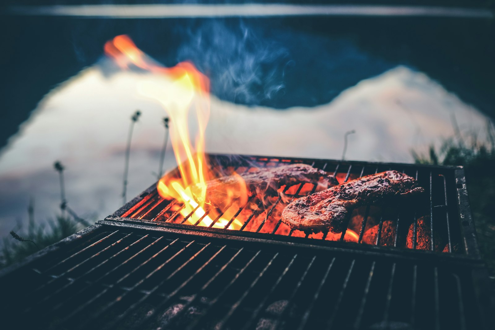 Pièce de viande saisie sur une grille au-dessus d'un feu de braises vives