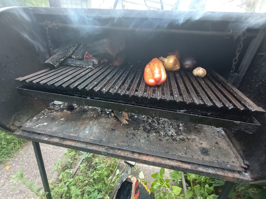 Pince à barbecue en inox saisissant une pièce de viande sur une grille.