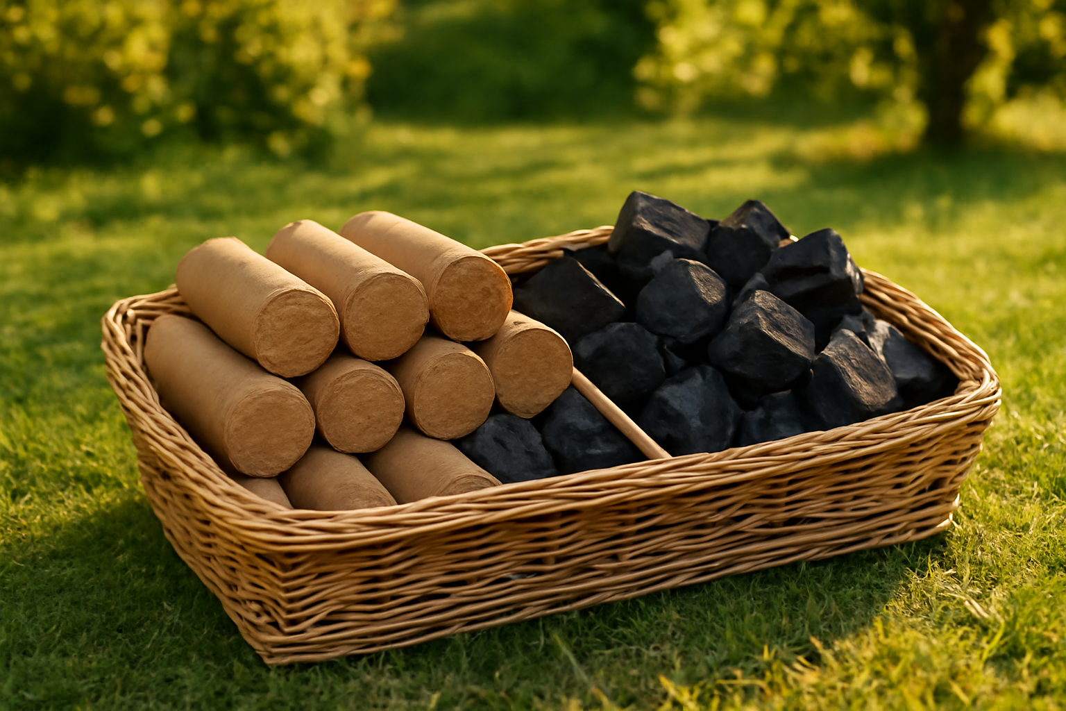 Morceaux de charbon de bois naturel en gros plan, prêts à être allumés.