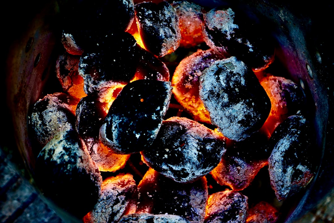 Viandes, légumes et fruits de mer en cours de cuisson sur une plancha de barbecue au charbon.