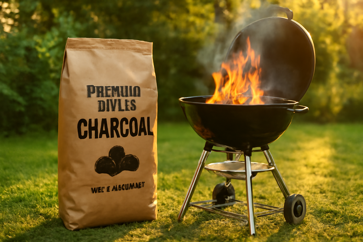 Sac de charbon de bois ouvert à côté d’un barbecue prêt à être allumé.