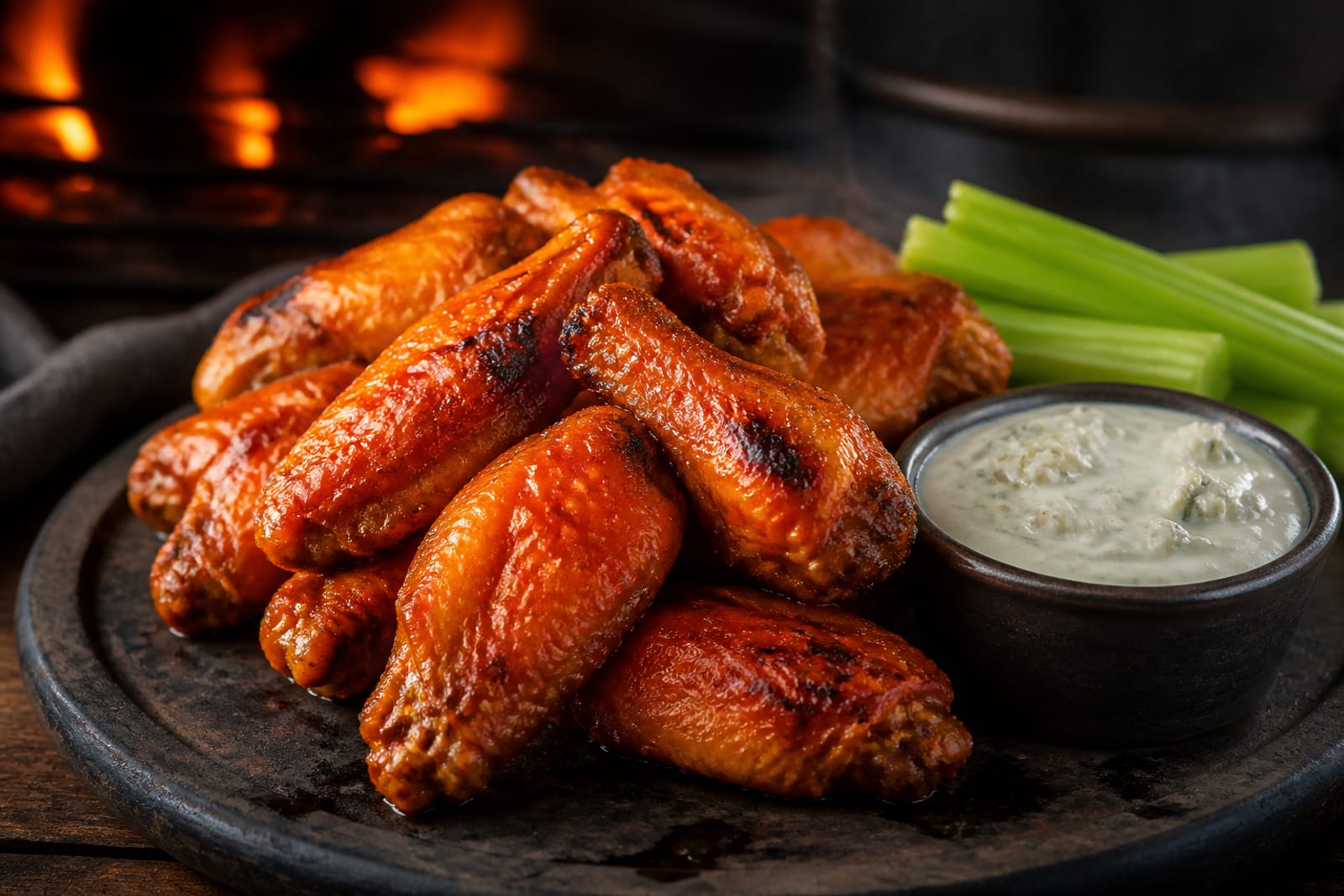 Ailes de poulet buffalo luisantes de sauce orangée, empilées dans un plat avec un ramequin de sauce au bleu et des bâtonnets de céleri