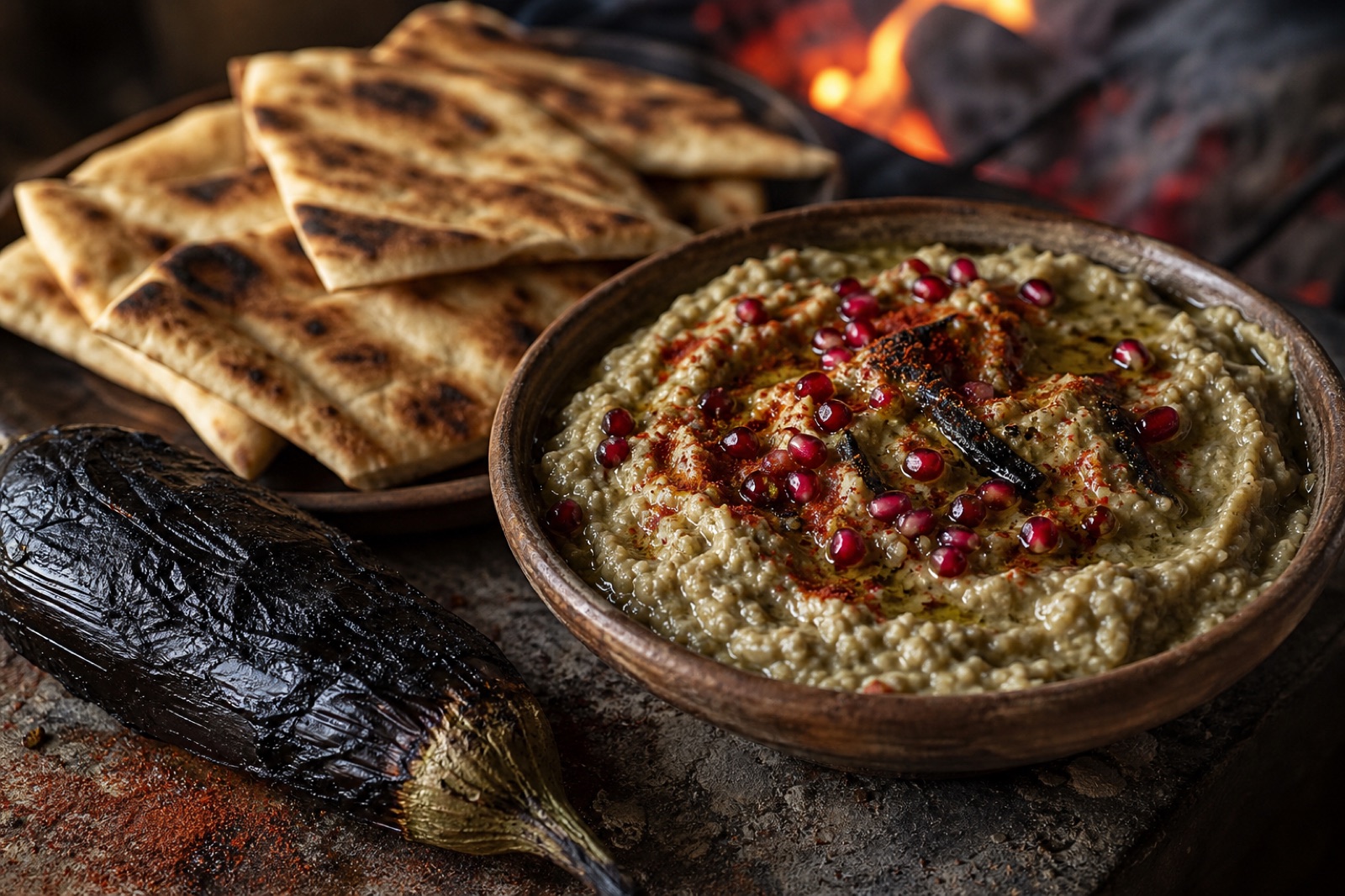Baba ganoush crémeux dans un bol en terre cuite, nappé d'huile d'olive et parsemé de graines de grenade et de paprika fumé, entouré de triangles de pita grillé