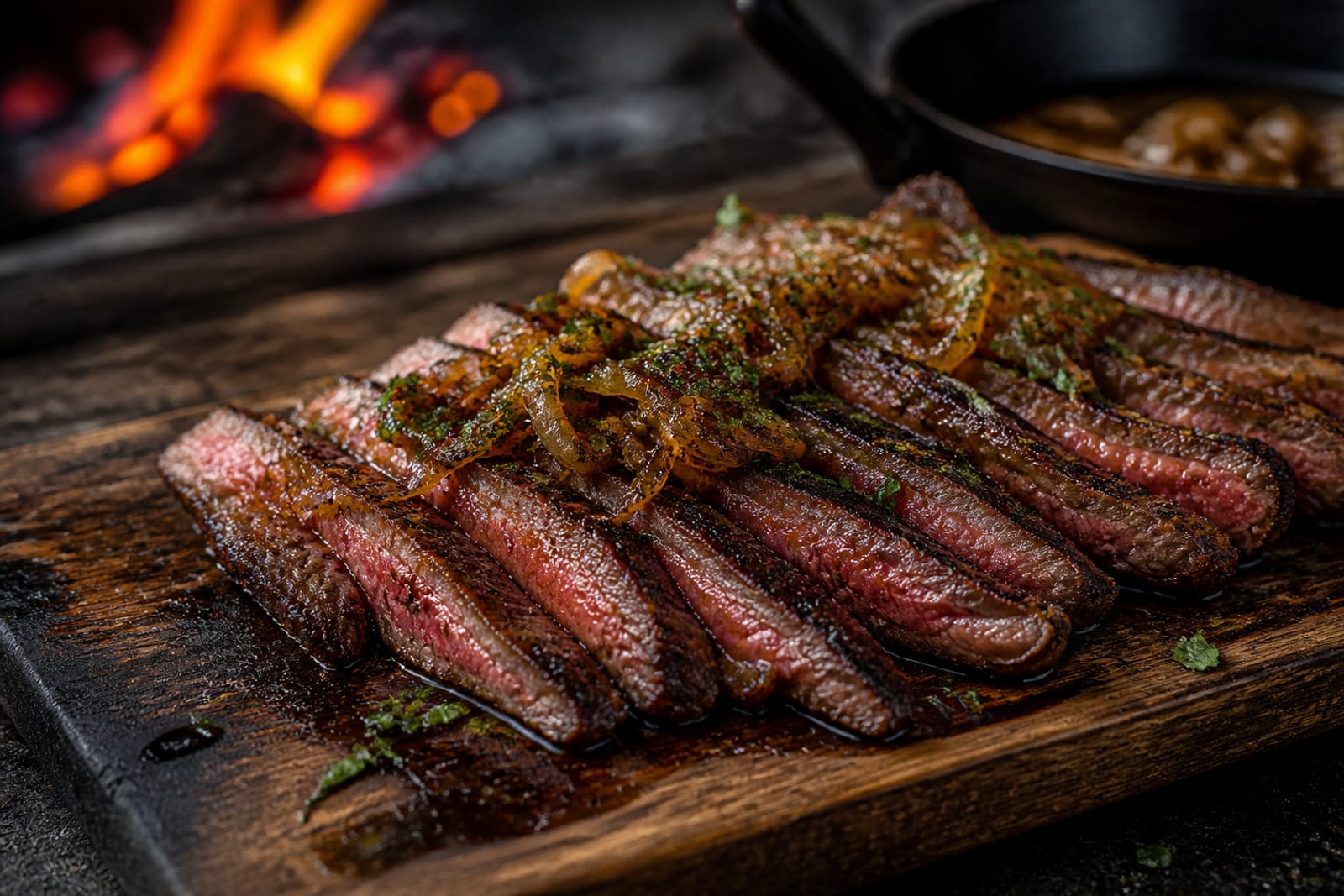Bavette grillée tranchée finement en travers des fibres, chair saignante et croûte grillée, recouverte d'échalotes fondues au beurre, sur une planche en bois