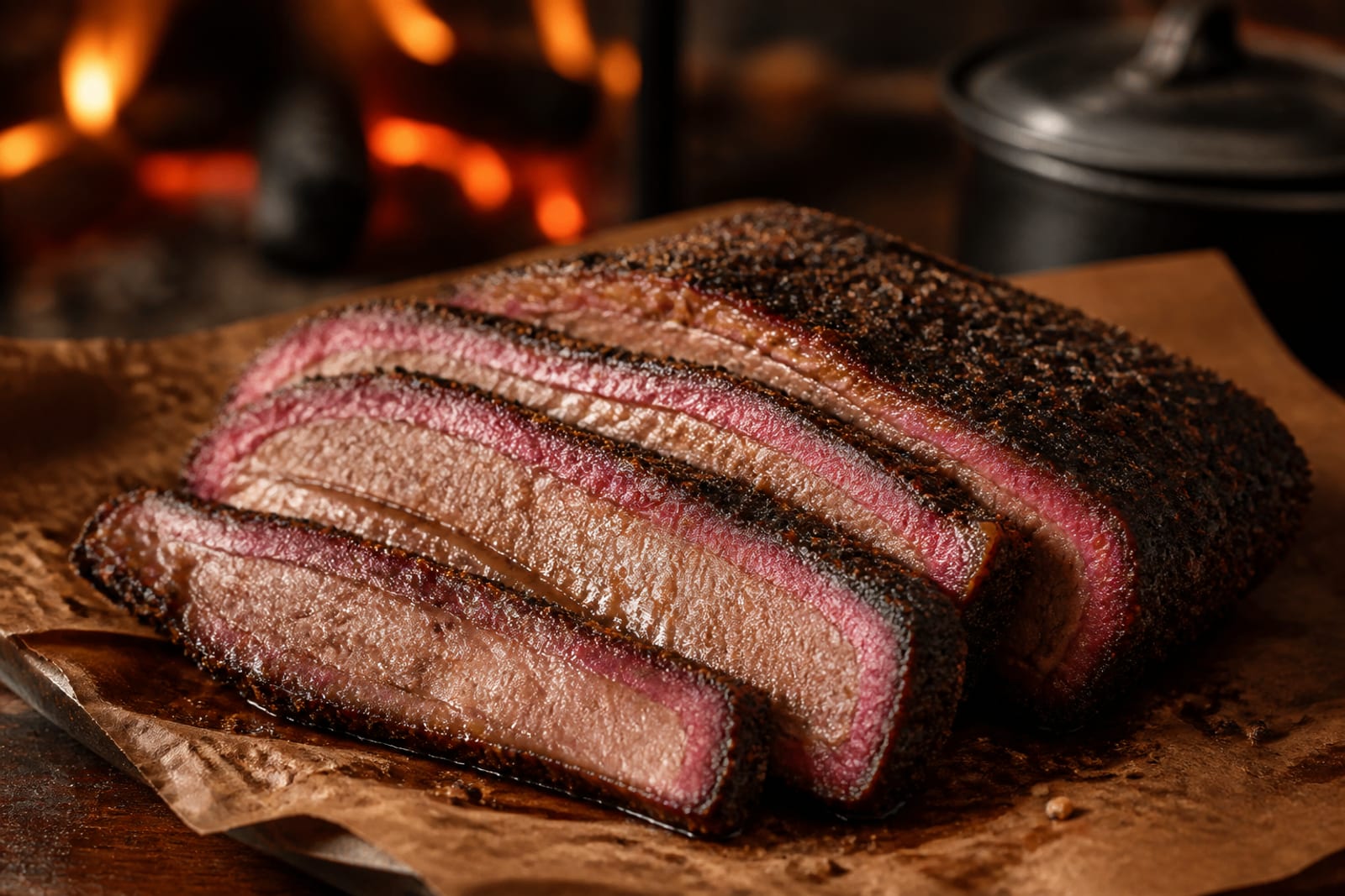 Tranches épaisses de brisket fumé à l'anneau de fumée rose et à la croûte noire, posées sur du papier boucher