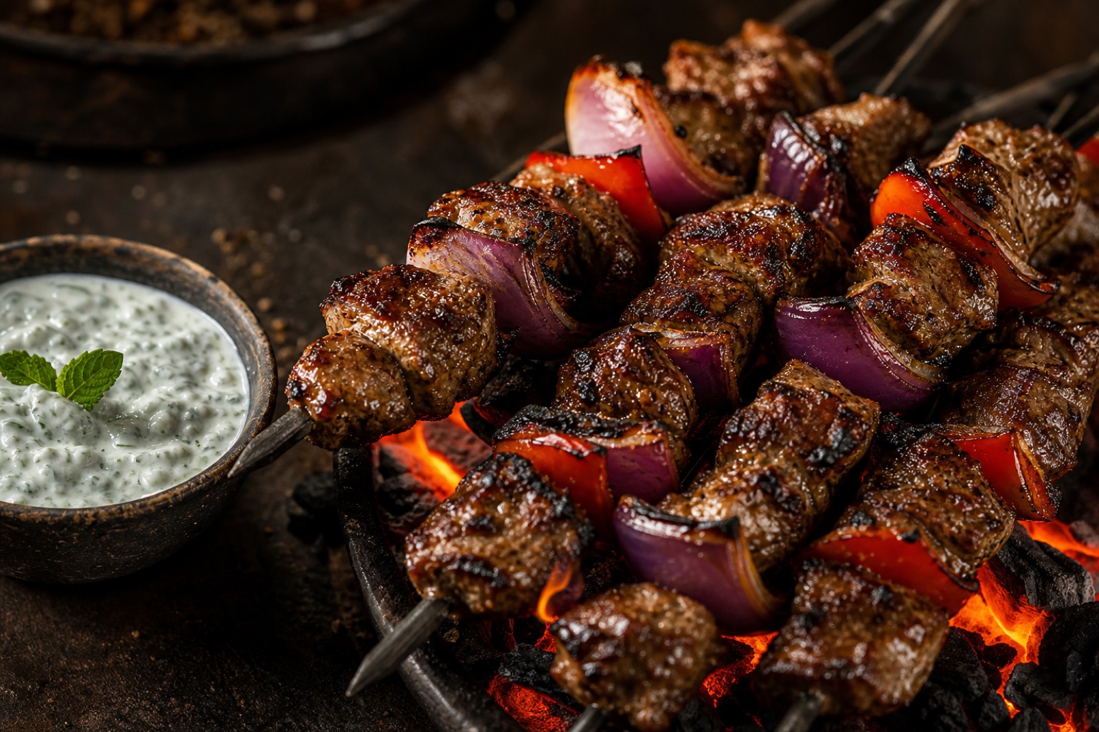Brochettes d'agneau dorées entrelacées d'oignon rouge et de poivron, posées sur la grille au-dessus des braises rougeoyantes, un bol de sauce yaourt-menthe à côté