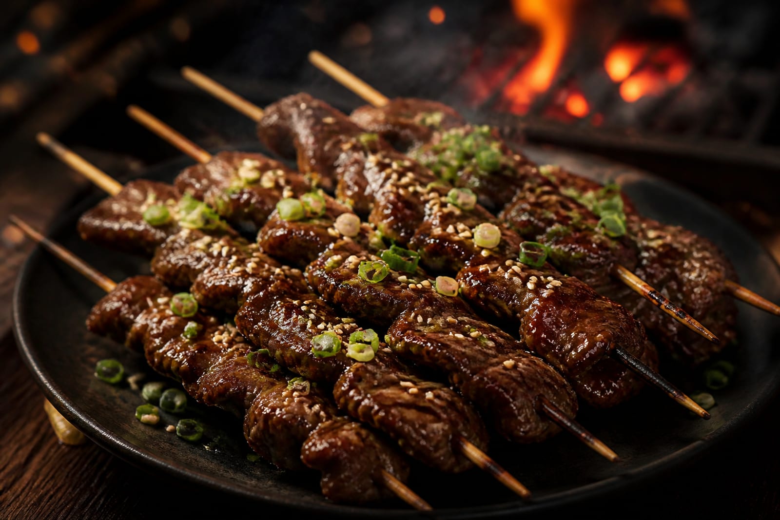 Brochettes de fines lamelles de bœuf bulgogi laquées et caramélisées, parsemées de graines de sésame et d'oignon vert, sur un plat