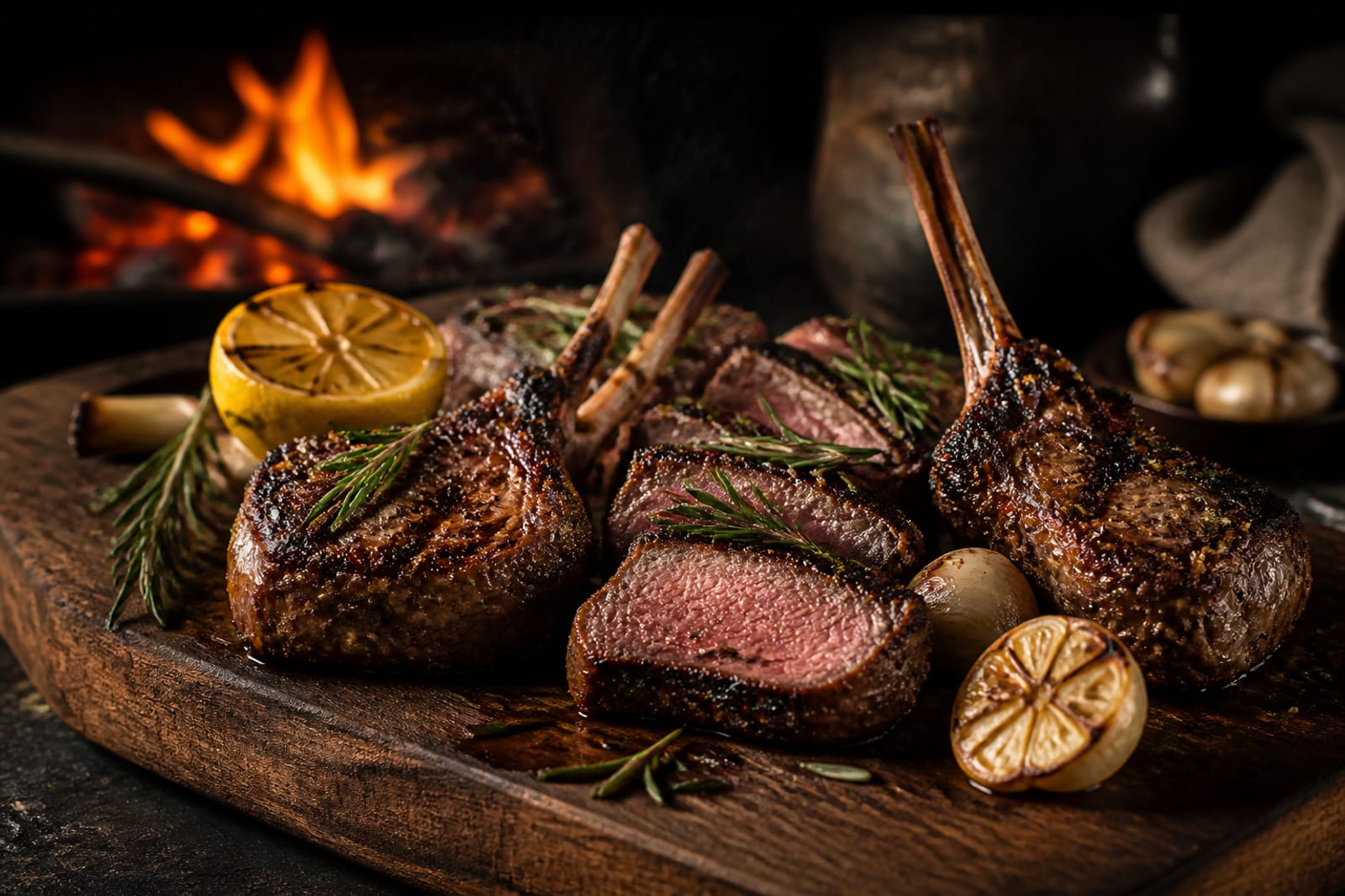 Côtelettes d'agneau grillées aux marques de grille dorées, parsemées de romarin, chair rosée visible près de l'os, sur une planche en bois