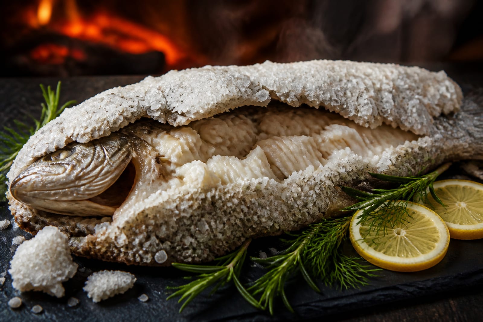 Dorade royale enfermée dans une croûte de gros sel dorée, ouverte pour révéler une chair blanche nacrée, avec des herbes et du citron