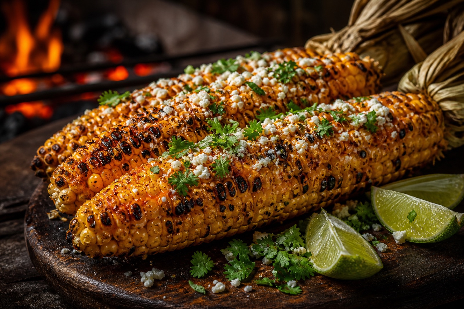 Épis de maïs dorés et marqués par la grille, luisants de beurre orangé au chipotle, parsemés de coriandre fraîche et de fromage cotija émietté, avec des quartiers de citron vert
