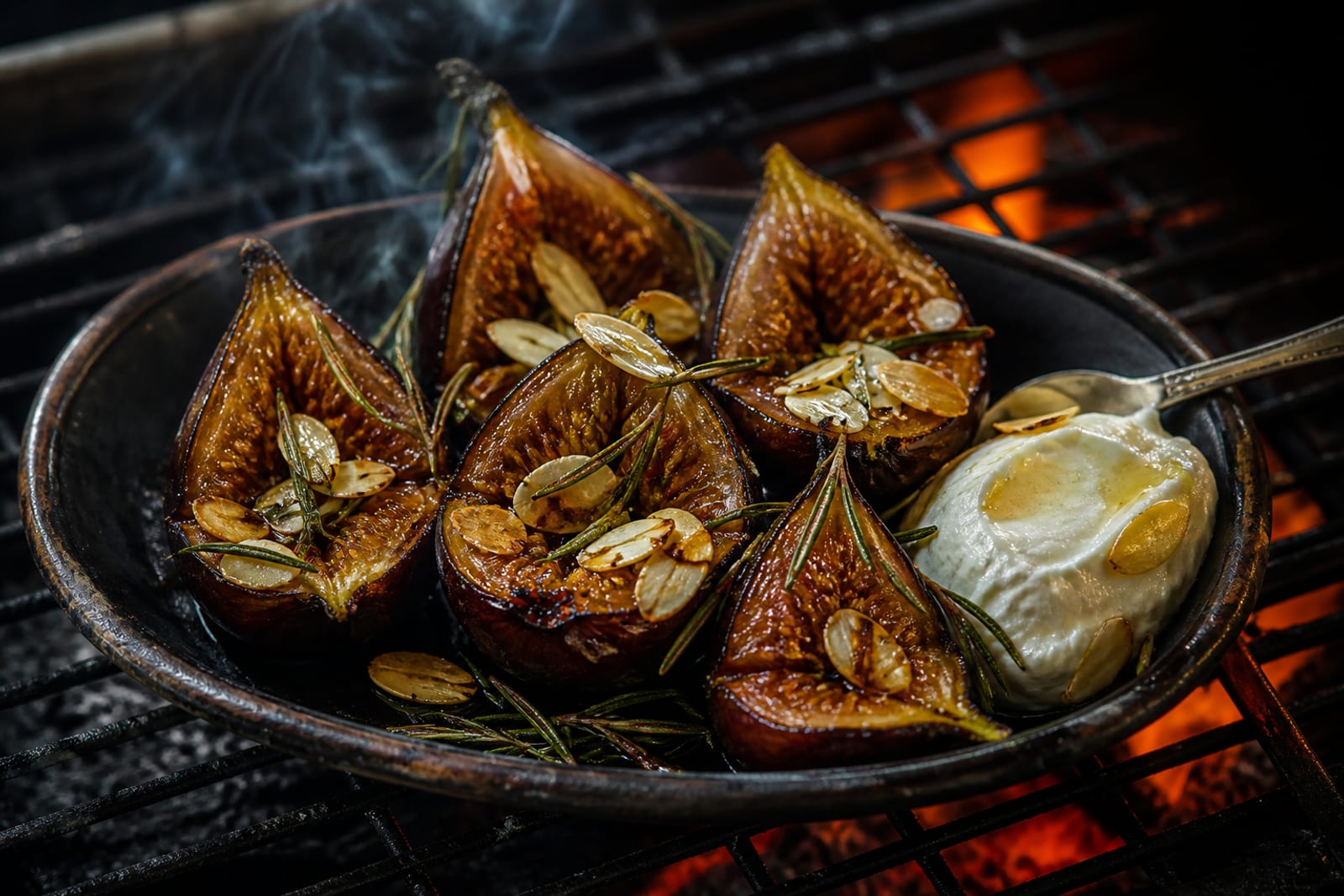 Figues fendues rôties à la braise, arrosées de miel doré et parsemées de romarin, fondantes et caramélisées dans un plat