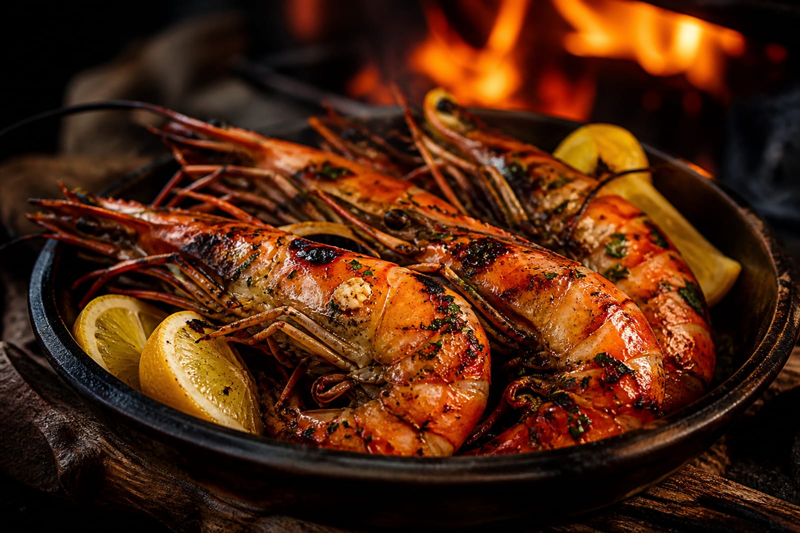 Gambas grillées à la braise, carapaces orangées luisantes, nappées de beurre d'ail et de persil frais, dans un plat
