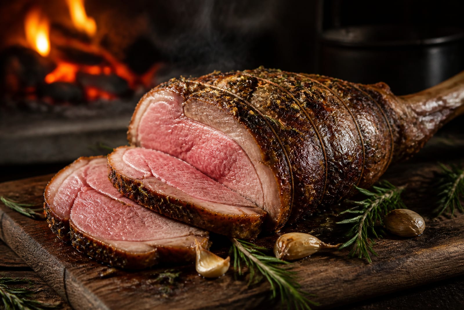 Gigot d'agneau doré tranché sur une planche en bois, chair rosée à cœur, parsemé de romarin et de gousses d'ail confites