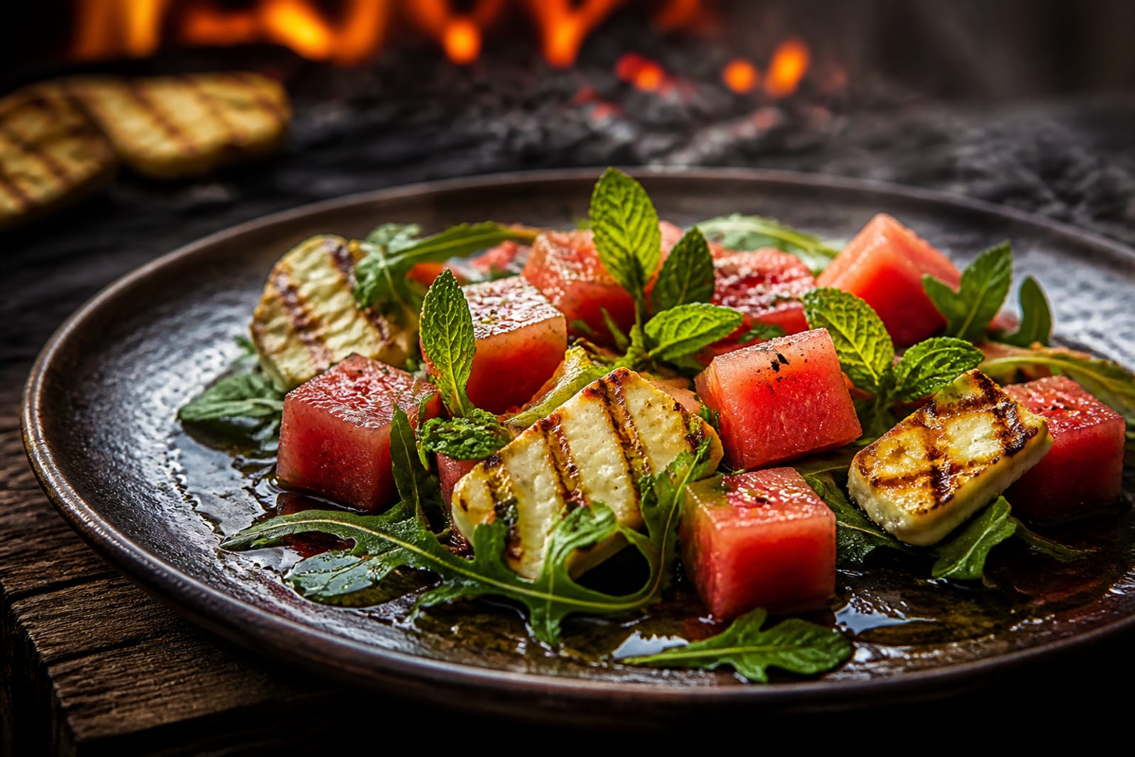 Tranches de halloumi grillé aux marques de grille dorées posées sur des cubes de pastèque, avec menthe fraîche et fines lamelles d'oignon rouge