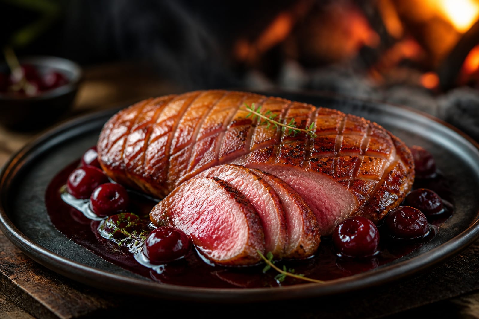 Magret de canard grillé tranché en biais, chair rosée et peau quadrillée dorée, nappé d'une sauce cerise brillante, sur une planche en bois