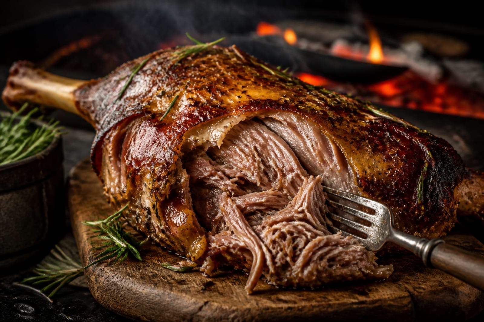 Épaule d'agneau rôtie à la braise, peau dorée et croustillante, chair effilochée à la fourchette, sur une planche avec des herbes
