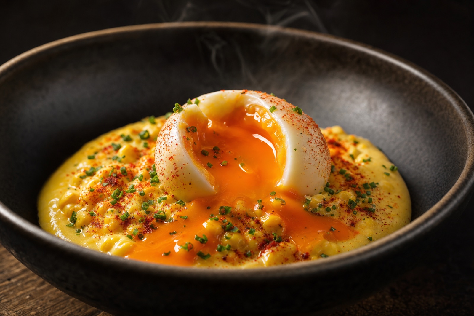 Œuf mollet ouvert au jaune orange coulant sur une crème de maïs onctueuse, dans un bol sombre, ciboulette et paprika fumé