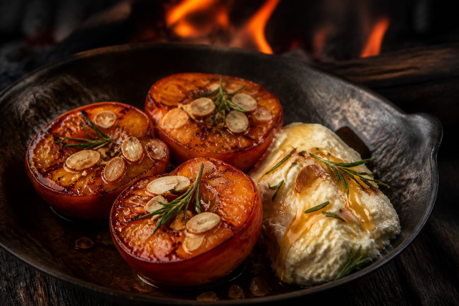 Demi-pêches rôties sur la braise, chair dorée et caramélisée, filet de miel et brins de romarin, accompagnées d'une quenelle de mascarpone et d'amandes effilées, sur une assiette