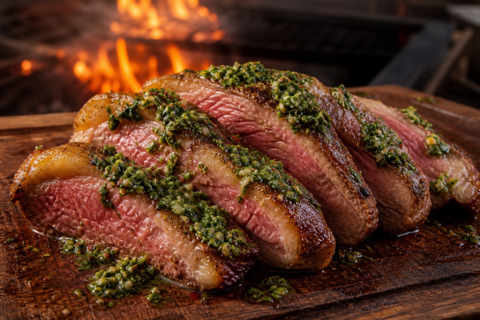 Picanha grillée tranchée en épais morceaux saignants avec leur bordure de gras doré, nappée de chimichurri vert, sur une planche en bois