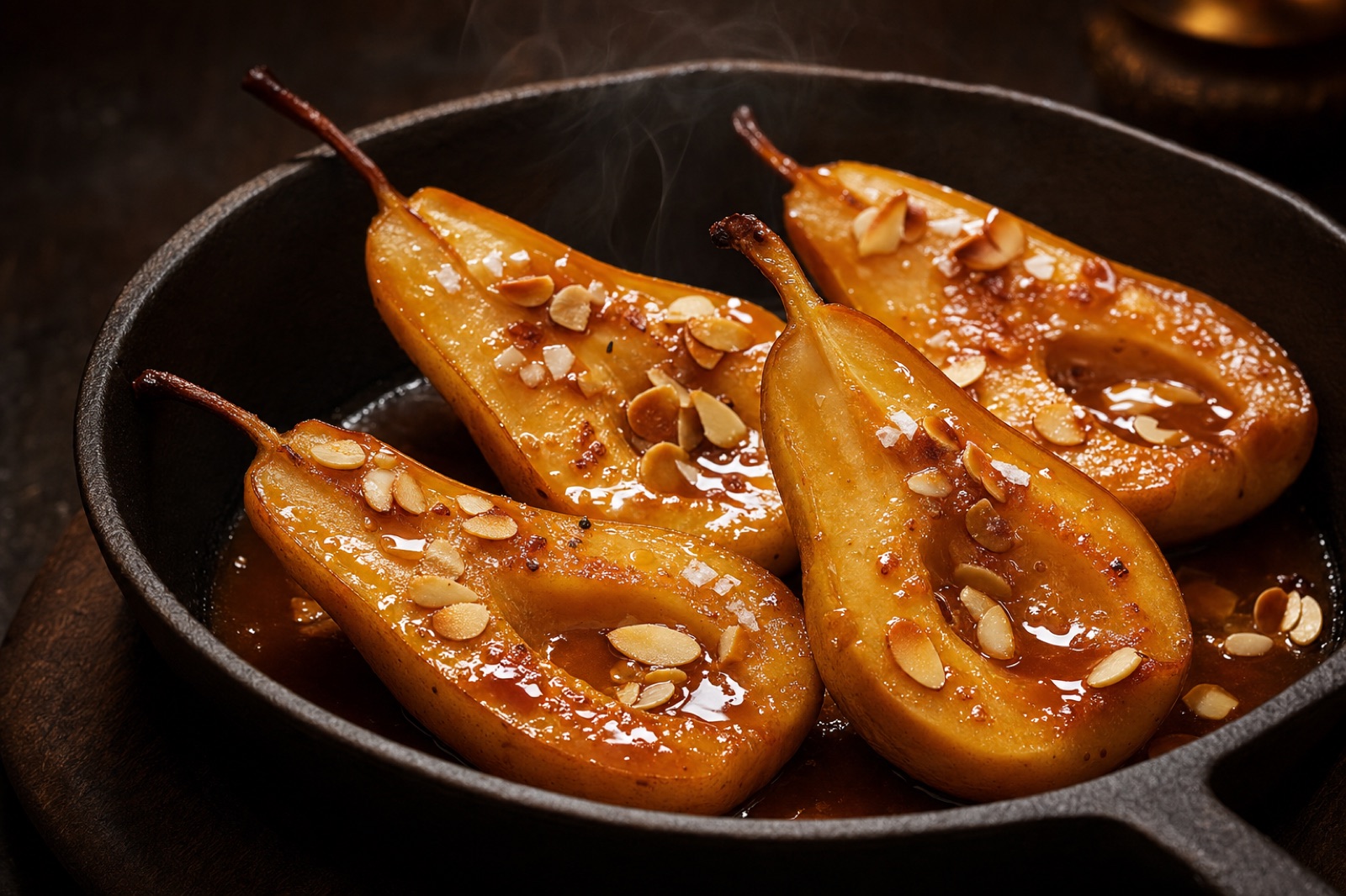 Demi-poires rôties et dorées, nappées de caramel salé et parsemées d'amandes effilées, dans un plat en fonte sombre