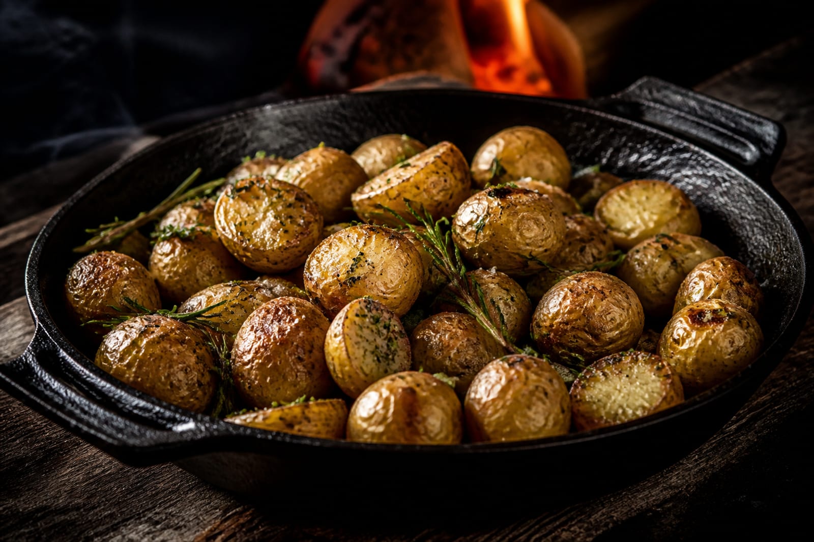 Pommes de terre grenaille rôties à la peau dorée et croustillante, parsemées de romarin, de thym et de gros sel, dans une cocotte en fonte