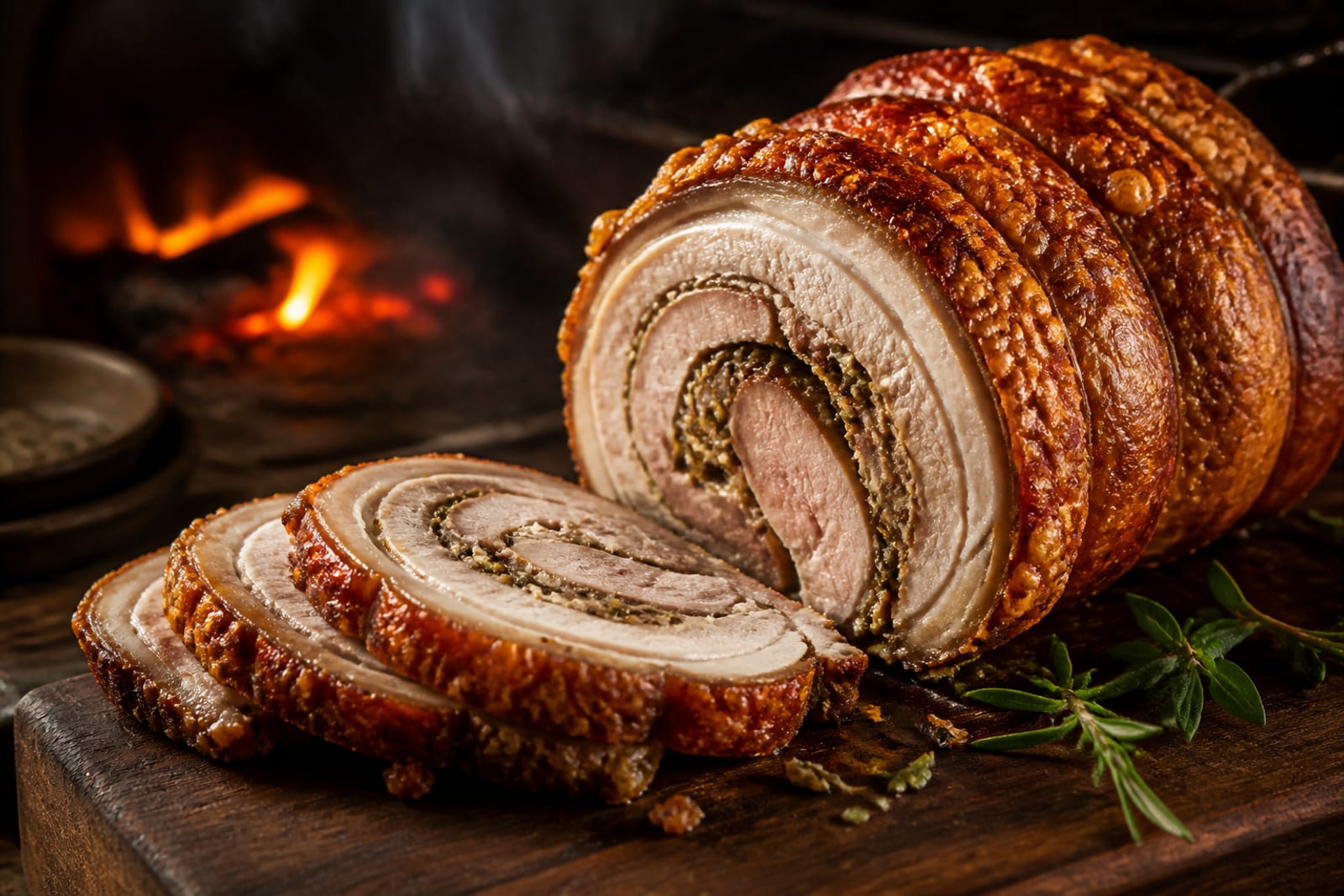 Tranches de porchetta montrant la spirale de chair et de farce aux herbes, bordées d'une couenne dorée et croustillante, sur une planche en bois