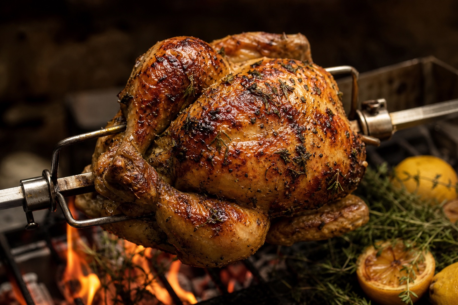 Poulet fermier entier doré embroché sur une rôtissoire au-dessus des braises, peau croustillante luisante et brins de thym, couvercle du barbecue ouvert en arrière-plan