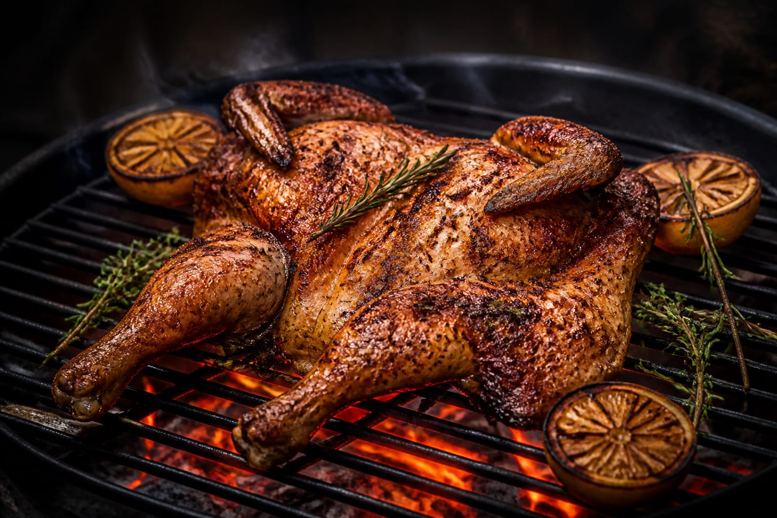 Poulet entier aplati en crapaudine, peau dorée et croustillante, grillé au barbecue et parsemé d'herbes et de citron