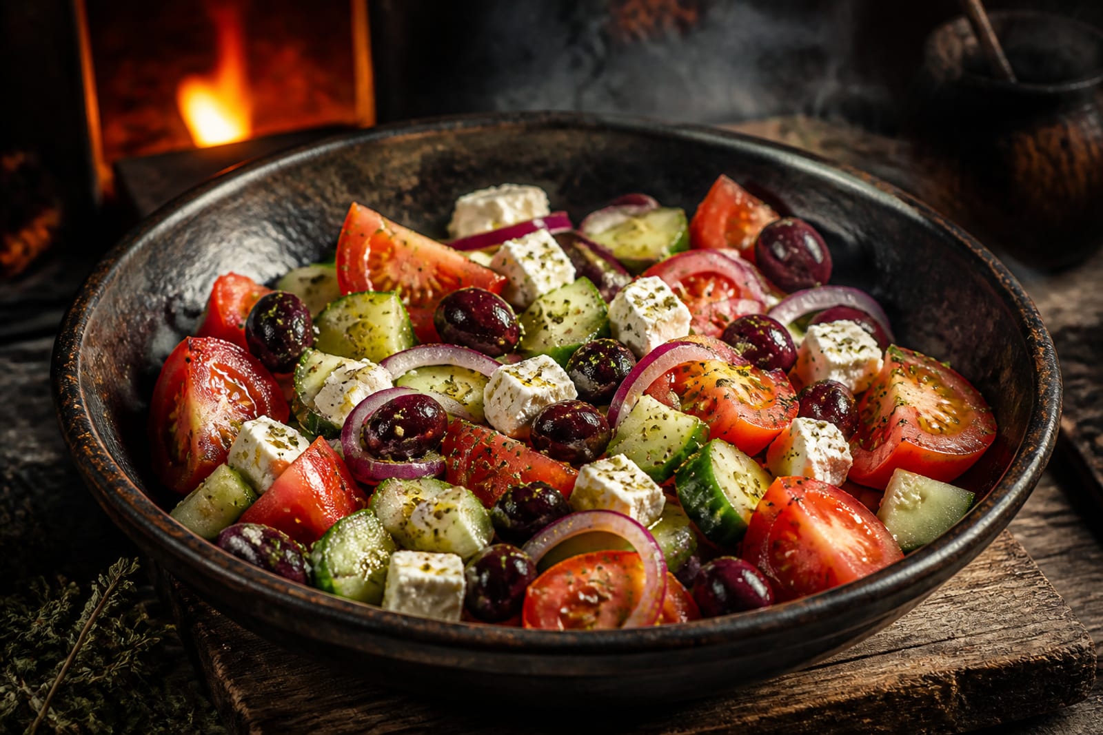 Salade méditerranéenne de tomates, concombre, oignon rouge, feta et olives noires dans un grand saladier, filet d'huile d'olive