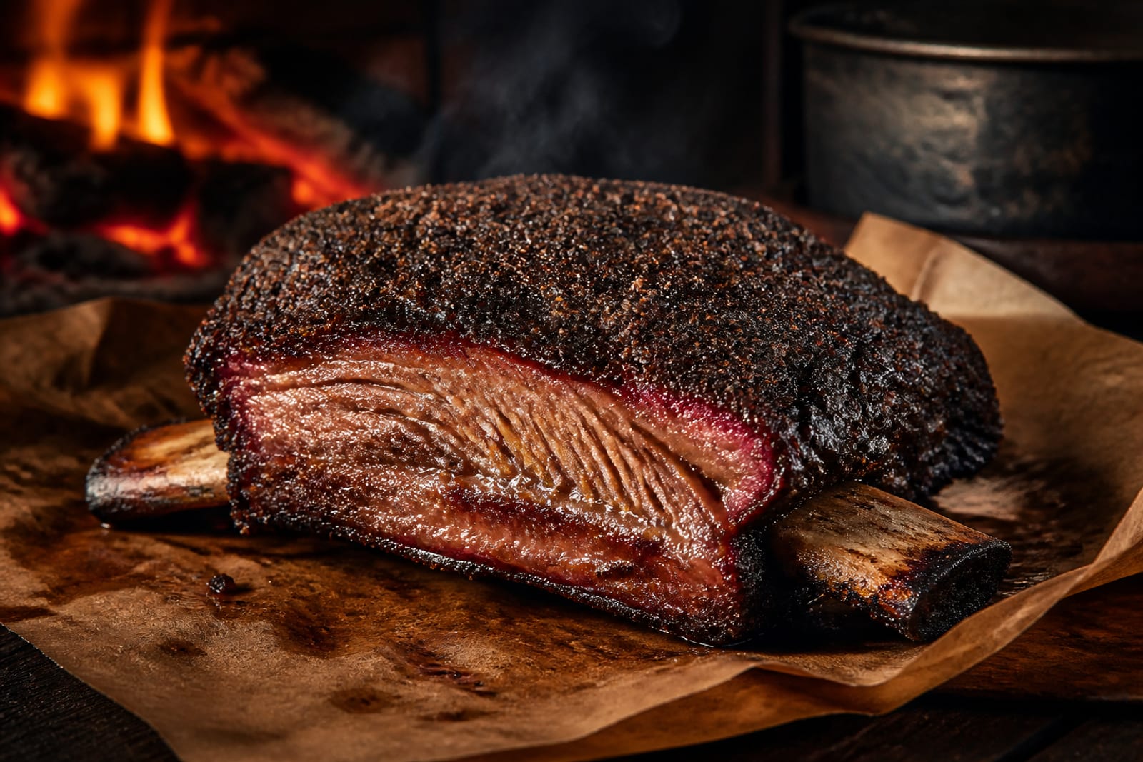 Plaque de short ribs de bœuf fumés, croûte sombre et brillante d'écorce, tranchée entre les os pour révéler une chair rose et fondante, sur une planche en bois