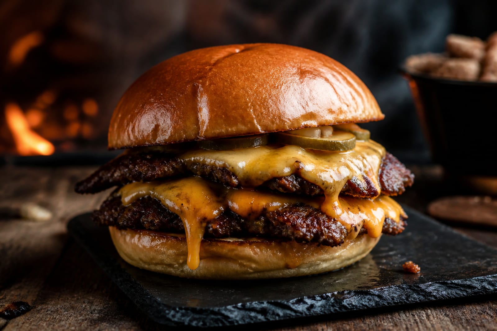 Deux smash burgers empilés au cheddar fondu et aux bords dentelés croustillants dans un pain brioché doré