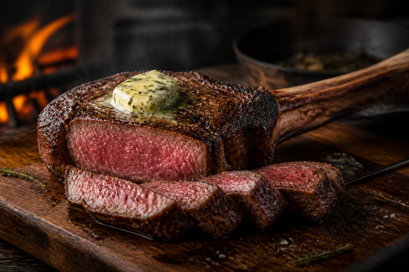 Côte de bœuf tomahawk tranchée en épais morceaux rosés avec son manche d'os, coiffée d'un disque de beurre maître d'hôtel au persil qui fond, sur une planche en bois